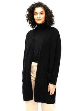 Eileen Fisher Black Organic Cotton Boucle Long Cardigan Pockets L Coat Jacket